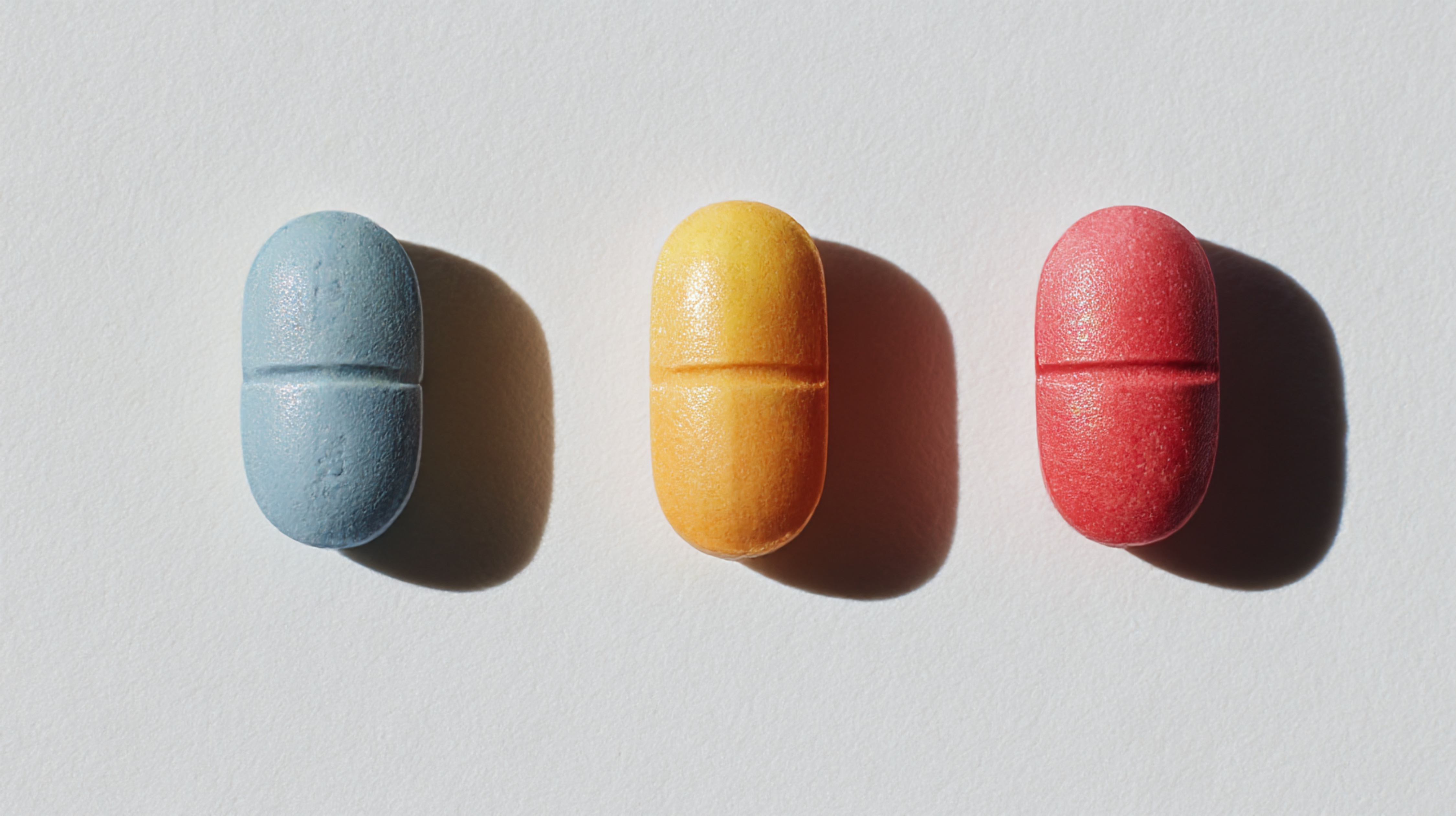 Three colorful capsules - blue, yellow, and red - showing common dyes used in OTC medications